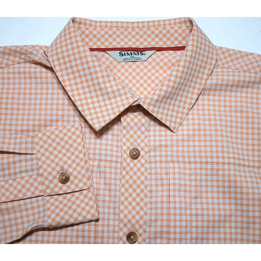 SIMMS Fishing Long Sleeve Button Shirt brrr Nylon Orange White Checks Medium M